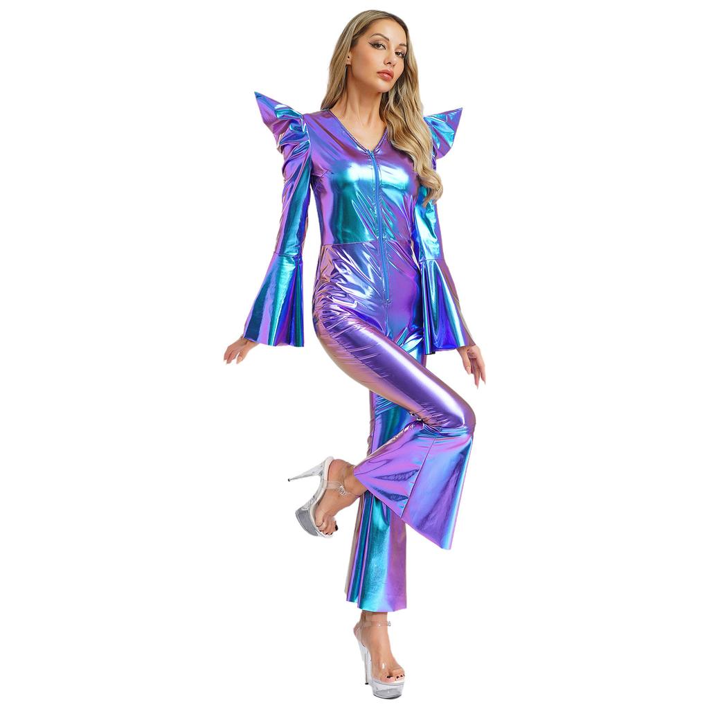 Metallic Shiny Bell Bottom Jumpsuit for Women S-3XL: Disco Style Romper with High Waist & Long Sleeves, Halloween Costume