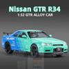 New 1:32 GTR R34 Low Lying Sports Car Alloy Die-cast Toy Car Metal Toy Car Model Sound and Light Pull Back Collection Children's Toy Gift