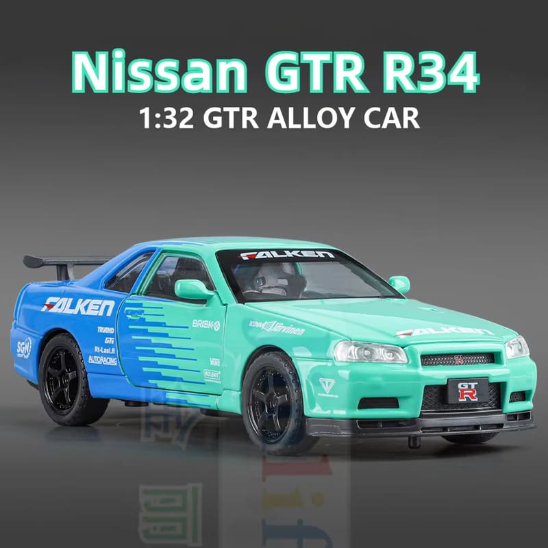 New 1:32 GTR R34 Low Lying Sports Car Alloy Die-cast Toy Car Metal Toy Car Model Sound and Light Pull Back Collection Children's Toy Gift