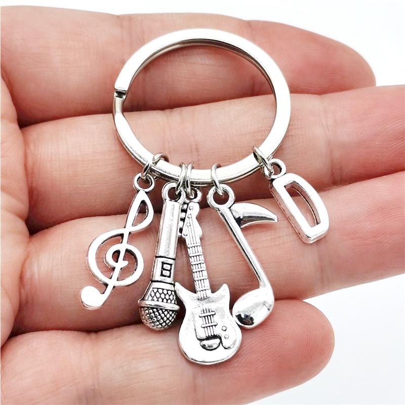 26 Letters Music Keychain Music Note Guitar Pendant Key Chain Microphone Keyring Creative Jewelry Gifts
