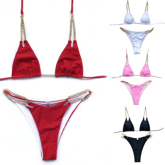 Women Metal Chain Lacing Halter Bra Swimsuit Bikini Triangle Underwear Set for Swimming
