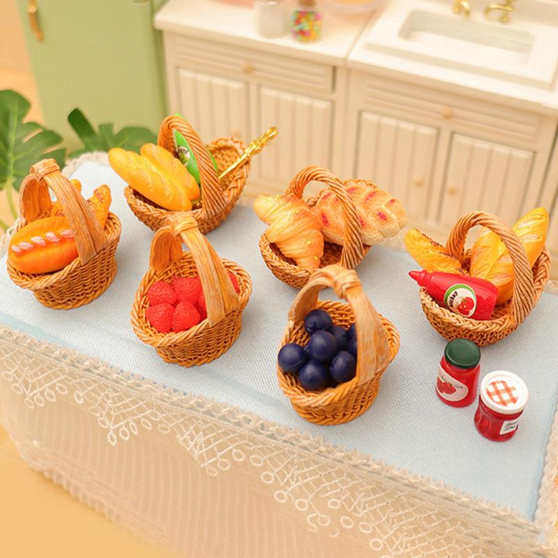 Miniature Dollhouse Fruit And Bread Basket Model Accessories Pretend Kitchen Food For Doll Toy Scene Photography Props
