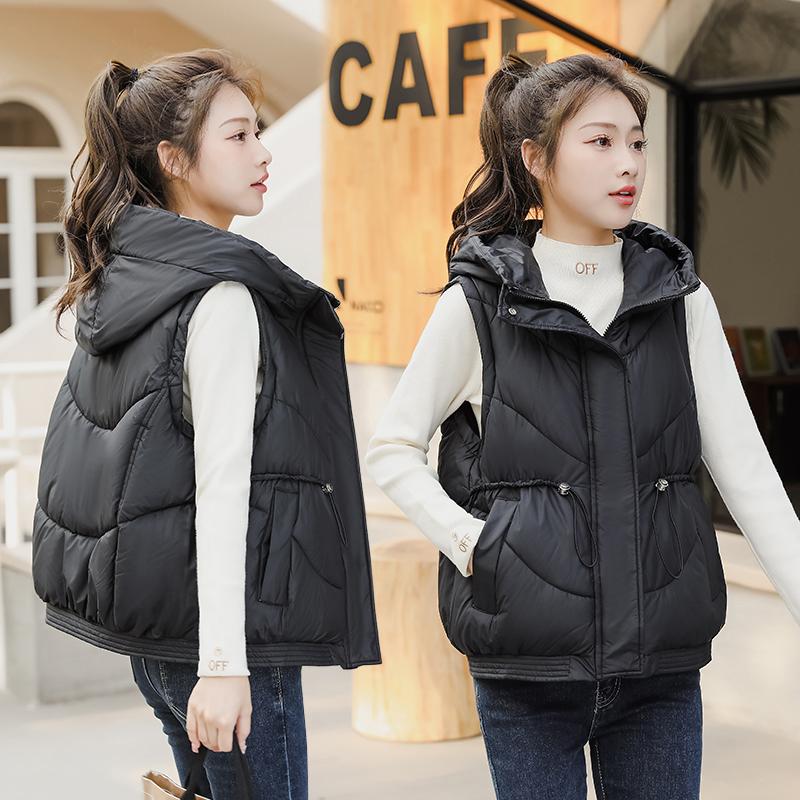 Women Autumn Winter Hooded Collar Sleeveless Solid Color Drawstring Warm Coat Vest