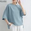 Women Casual Round Neck 3/4 Sleeve Solid Color Loose Blouse
