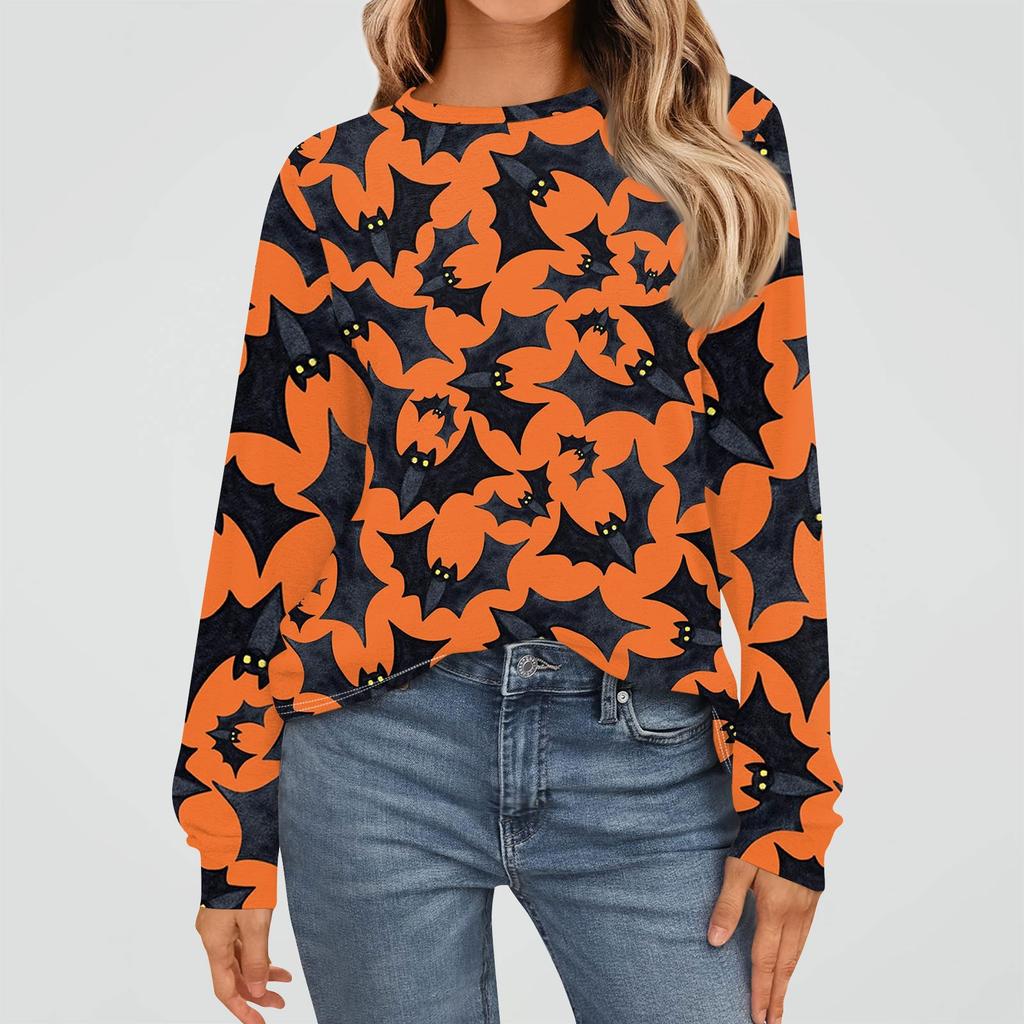 Women's Fashion Long Sleeve Shirts Loose Fitted Crewneck Basic Halloween Print Tops Casual Outfits