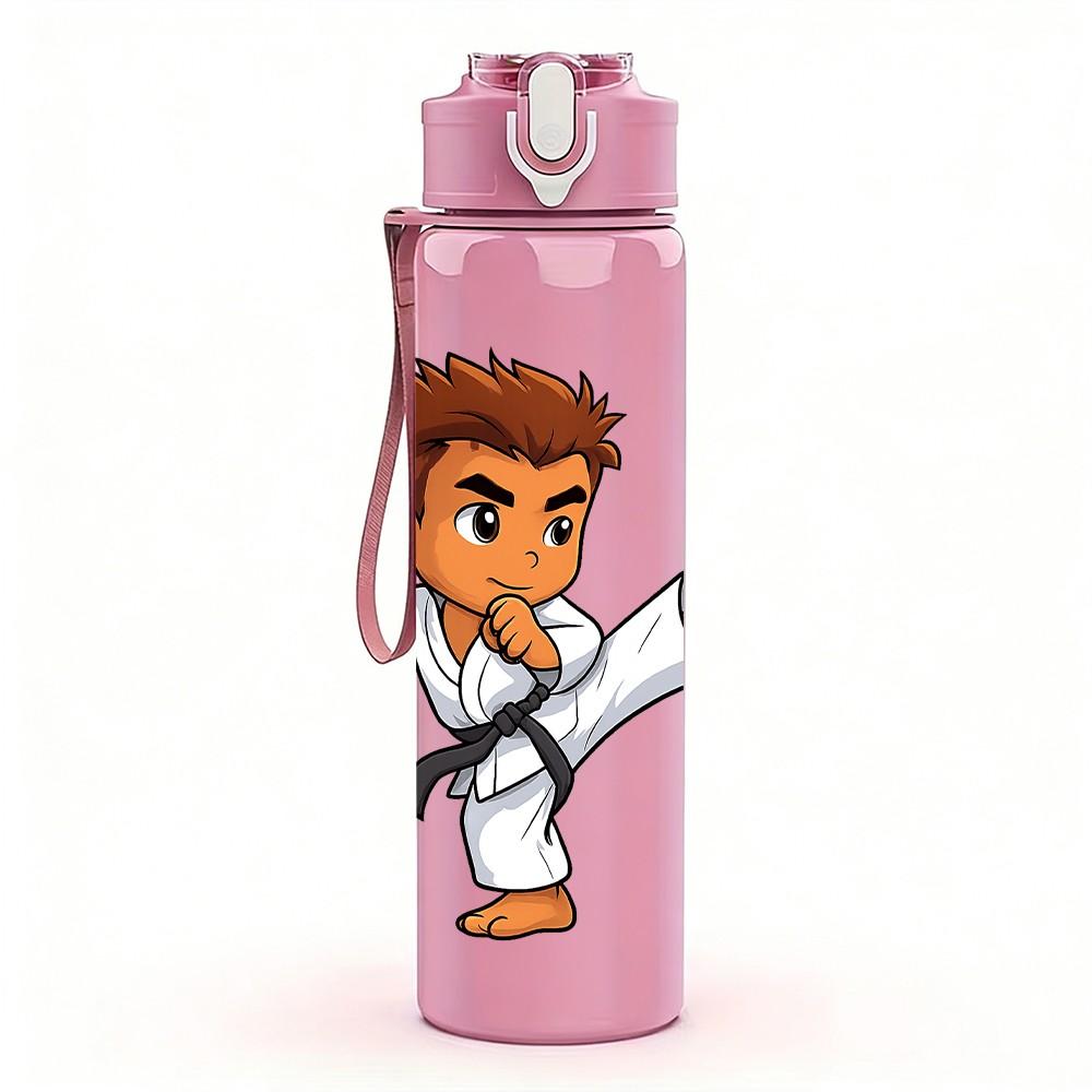 1PC Karate Kid Boy Martial Arts Print 750ml Color Plastic Sports Water Bottle Leakproof Flip Straw Lid Suitable for Sports Office Home Use