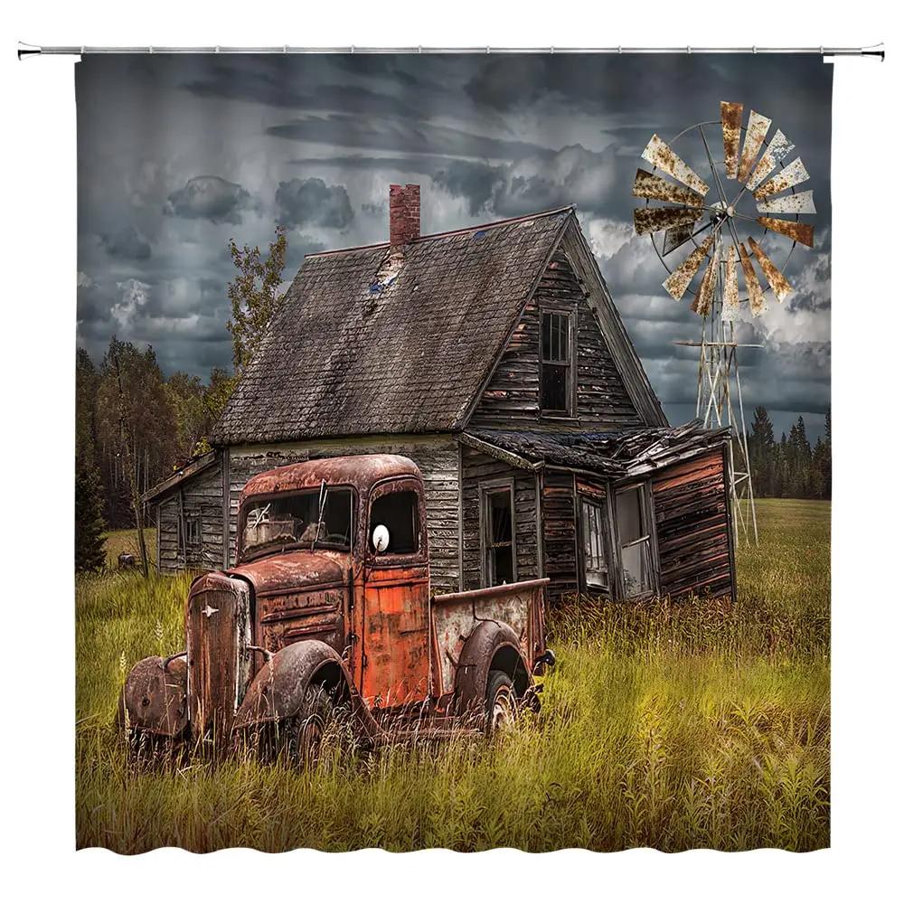 Rustic Shower Curtain Old Wooden Barn with Rusted Tractor Hillside Wooden Fence and Trees Cloth Fabric Bathroom Decor with Hooks