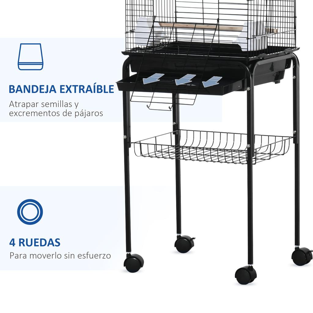46x36x130 cm, Black Bird Cage with Stand, Metal Bird Cage for Canaries, 4 Wheels, Open Top, 2 Feeders, 3 Perches, Removable Tray, Storage Shelf
