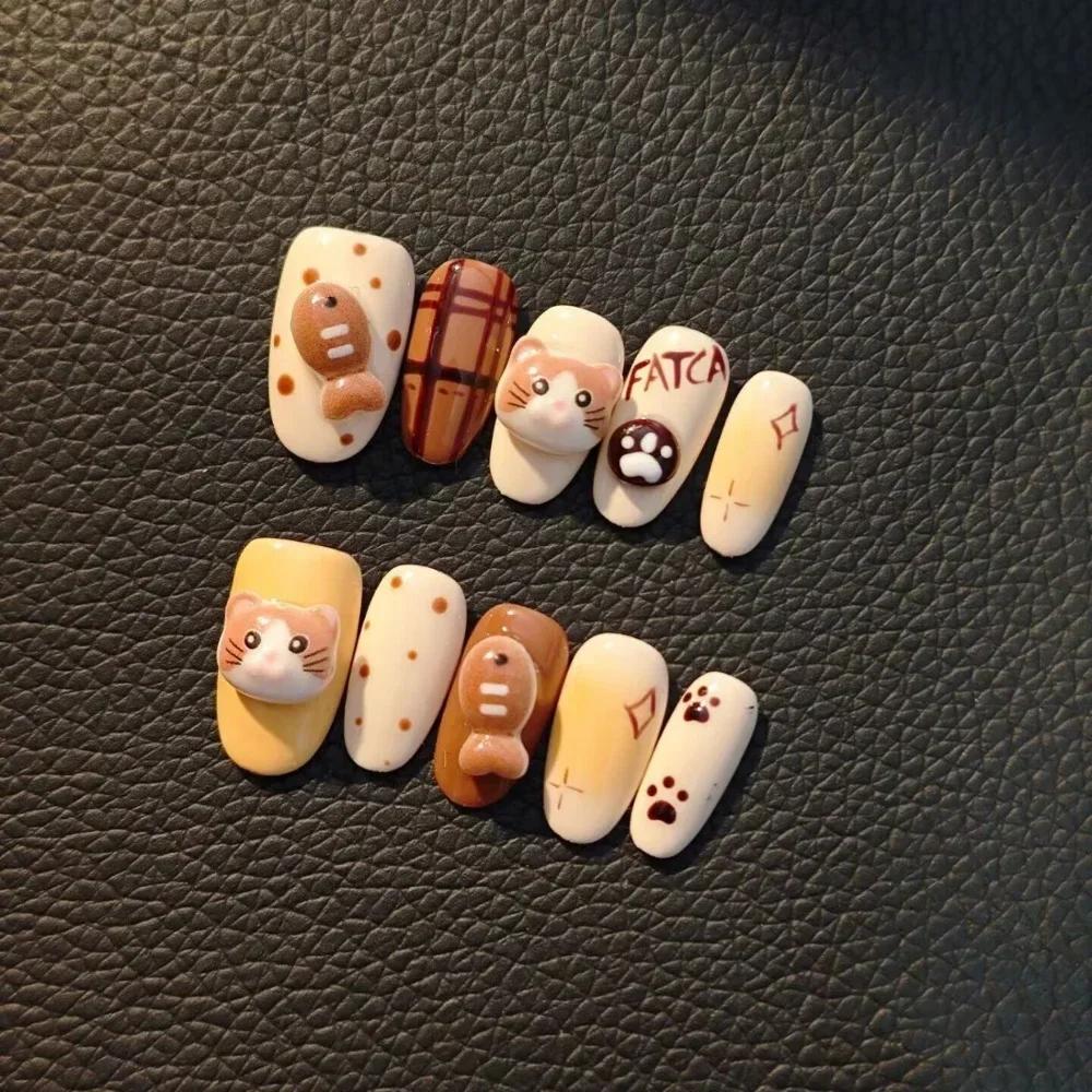 Cute Cartoon Animal Handmade Press On Nails With Cake Bread Bowknot Snowflake Apple Flower Stickers For Party Decoration