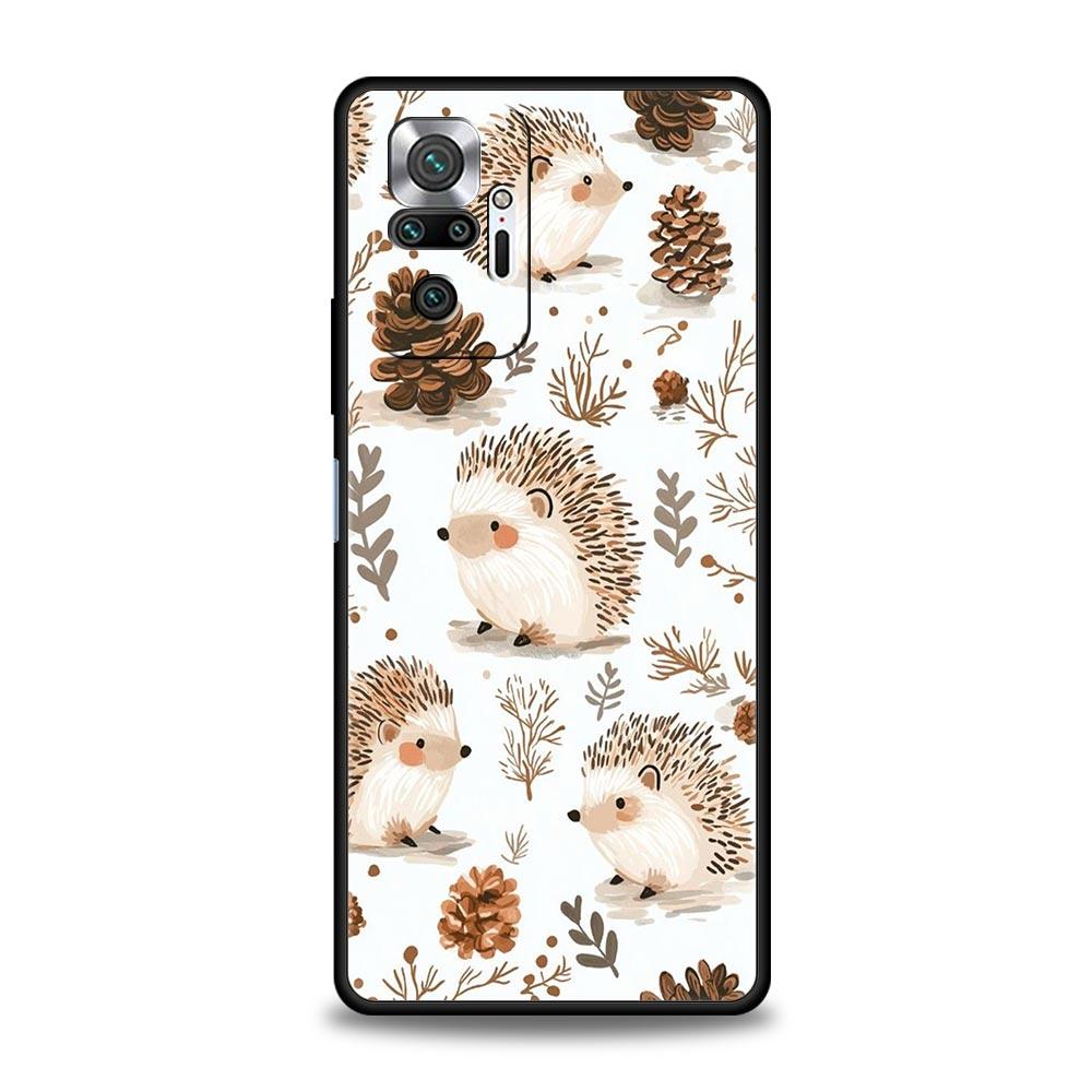 Осенний милый дизайн с ежиком Чехол для телефона для Xiaomi Redmi Note 14 13 5G 10 11 12 Pro Plus 4G 14C 13C 12C 10C Черная крышка