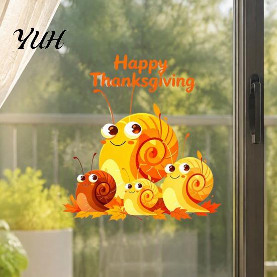 Autumn Party Supplies Cartoon Snail Static Window Sticker for Thanksgiving Harvest Festival, Waterproof PVC Decal Indoor Outdoor Decorations