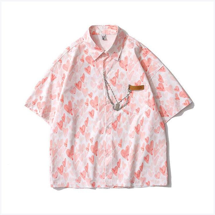 Harajuku Streetwear Vintage Heart-shaped Printing Design Short Sleeve Casual Loose Chain Single Breasted Oversized Blouses Shirt