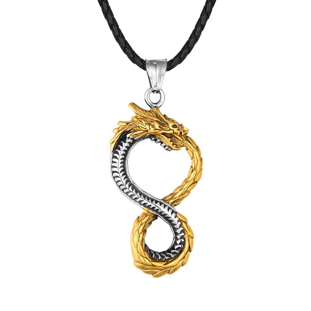 Norse Vikings Dragon Necklaces Men Retro Infinity Symbol Pendant Mix Gold Color Stainless Steel Ouroboros Amulet Hip-hop Jewelry