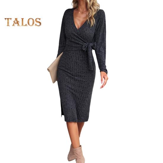 Women Spring Fall Dress Cross V Neck Lace-up Slim Fit Sheath Long Sleeves Knee Length Knitted Slim Fit Elastic Midi Dress Shopping Dating Dress