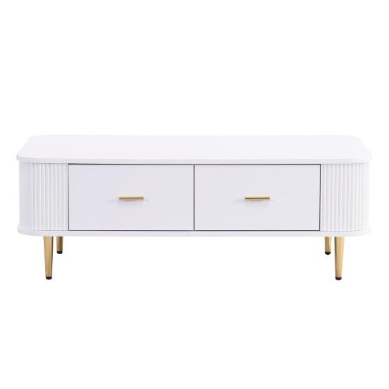 Coffee Table Golden Handles with Two Drawers Large Storage Space Curved Corners Wavy Side Storing MDF Rectangle Shape Tea Table Home