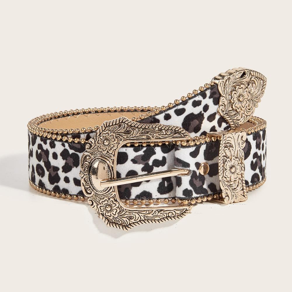PU Leopard Print Belt Vintage Suede Waistband Gothic Carved Buckle Belt Spicy Girl