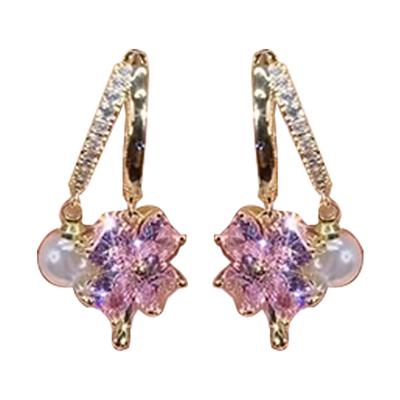 1 пара сережек-гвоздиков с фиолетовым цирконием и четырьмя листочками в виде цветка и жемчуга для женщин, легкие роскошные аксессуары для ушей