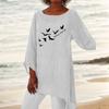 Women Fashion 3/4 Sleeve Top Round Neck Print Blouse Ladies Thin Cotton Linen Shirt