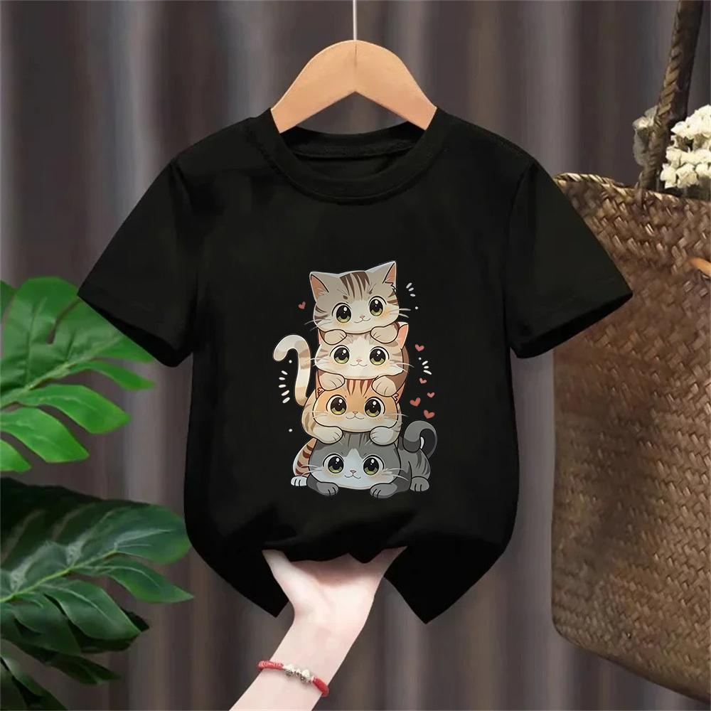 Cute Cartoon Cat Print Kids Round Neck Short Sleeved Tshirt 100cotton Casual Versatile Summer Girl Boy Tshirt