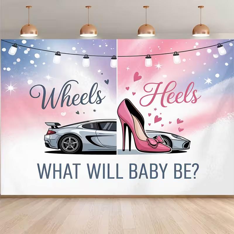 2D Wheels or Heels Gender Reveal Backdrop Photography Background