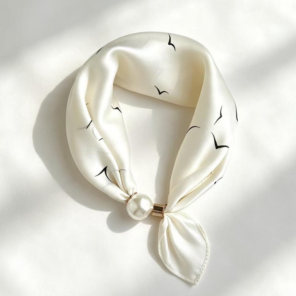 New retro pearl magnetic buckle small silk scarf women's high-end satin printed scarf summer versatile small scarf