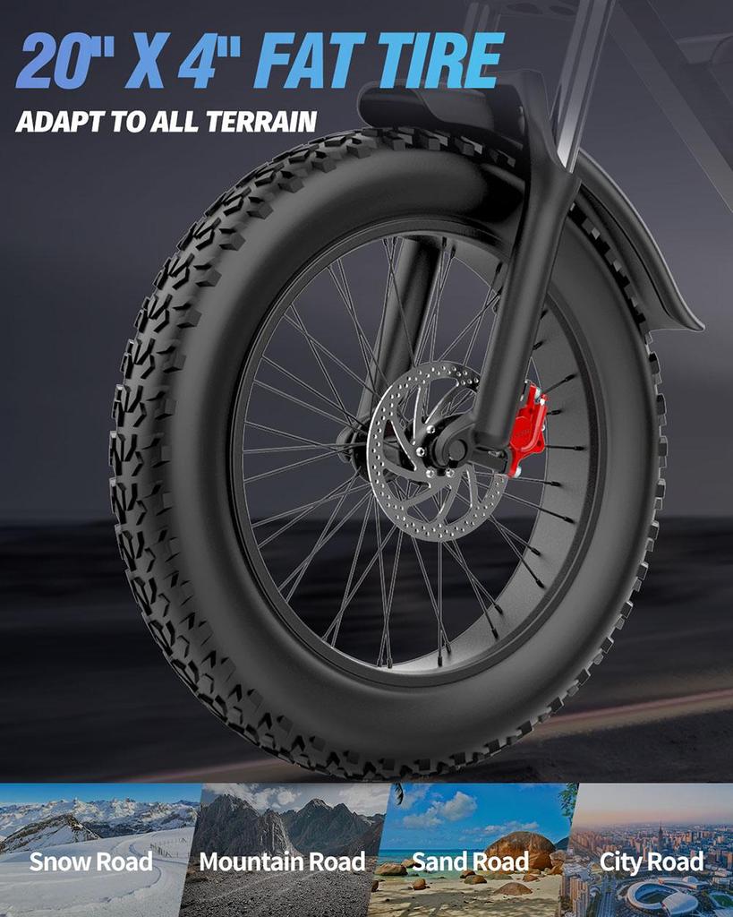 Мини-электрический велосипед Ridstar Q20, двигатель мощностью 1000 Вт, аккумулятор 48 В, 15 Ач, толстые шины 20*4,0 дюйма, максимальная скорость 40 км/ч, запас хода 80 км, вилка с передней подвеской