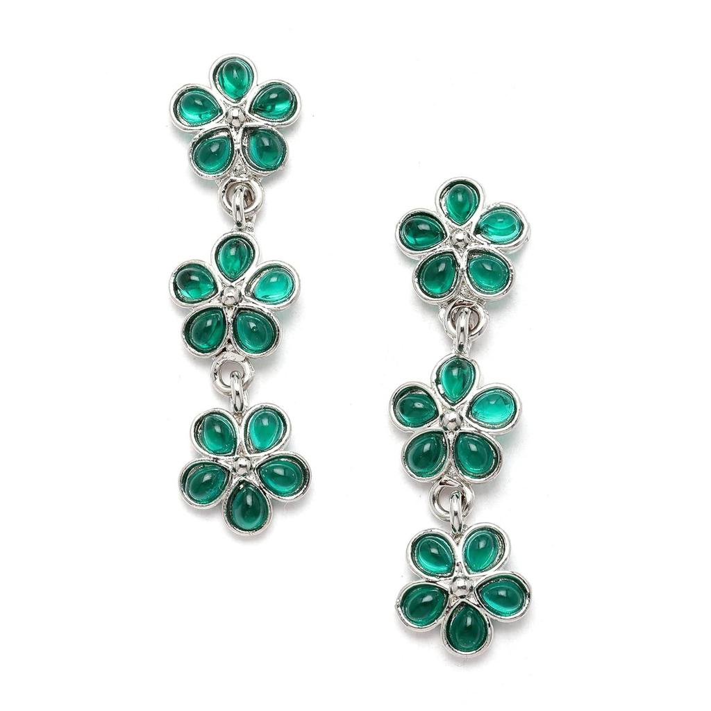 Oxidised Silver-Plated Flower Shaped American Diamond Studded Necklace Earrings Jewellery Set for Girls and Women