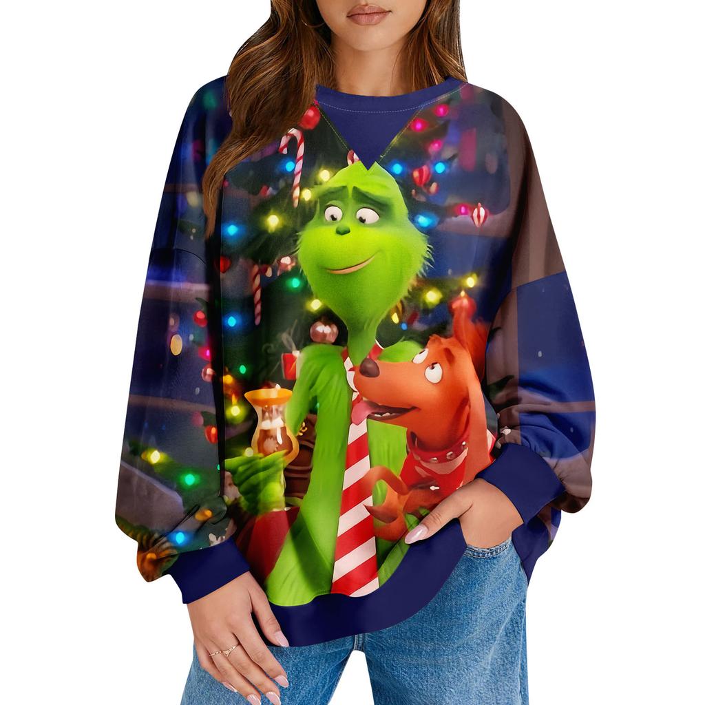Женский повседневный рождественский принт пуловер с длинным рукавом рубашка свободного покроя свитшот