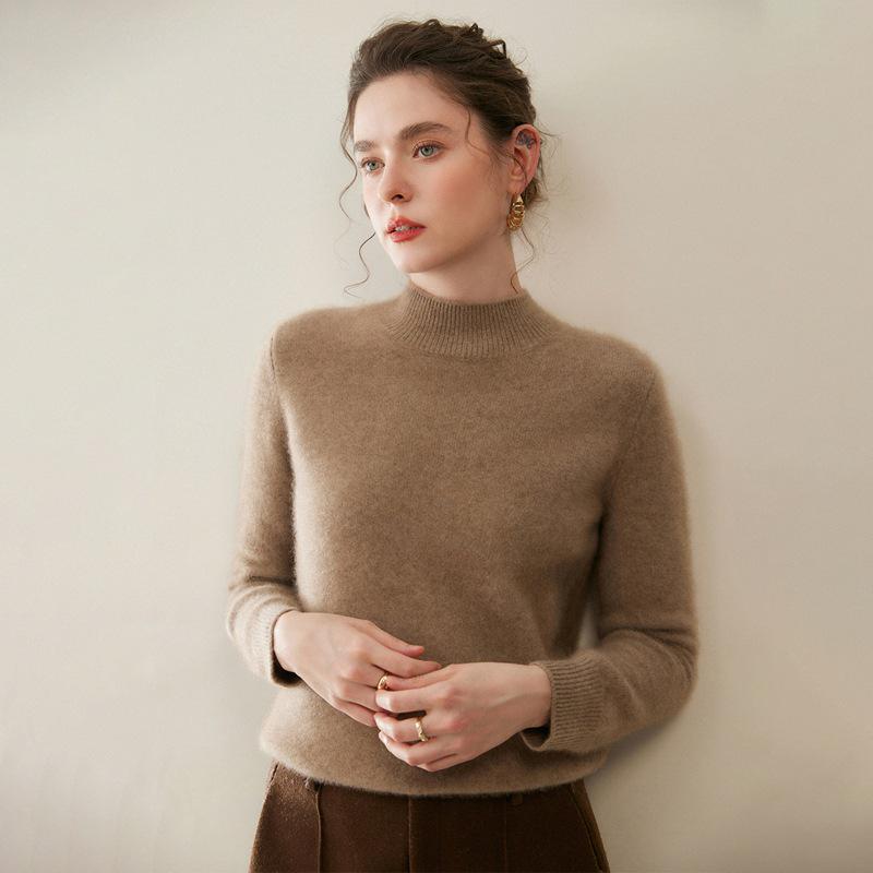 Women's Thickened Cashmere Long Sleeve Pullover - Half-High Neck, 100% Pure Knit for Autumn/Winter