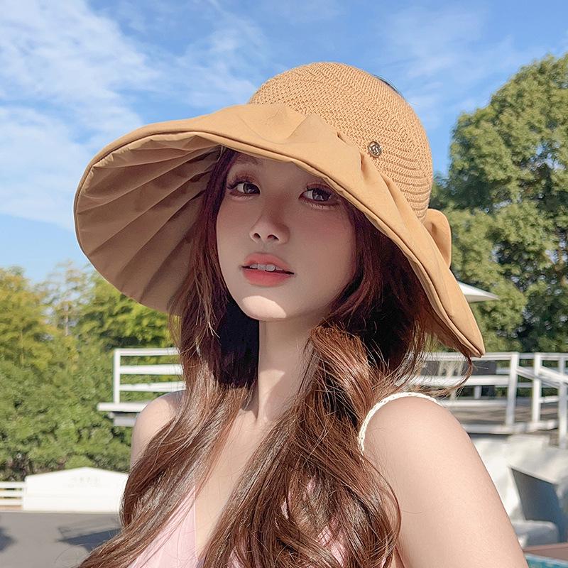 Женская шляпа-панама с бантиком: Широкие поля, открытый верх, летняя защита от солнца, пляжная шляпа с защитой от УФ-лучей.