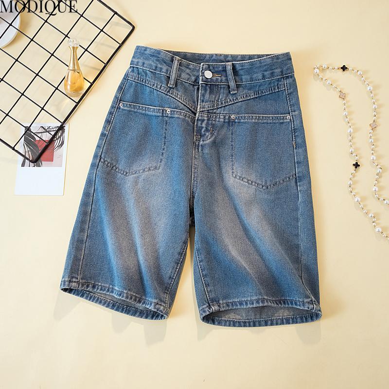 MODIQUE 2025 New Plus Size Summer Women's Casual Elastic Straight High-waisted Blue Fifth Denim Shorts Ladies Loose Basic Pants Jeans