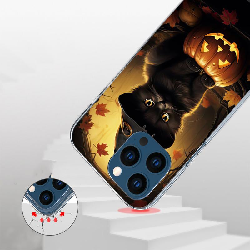 Black Kitten Halloween Pumpkin Cover Phone Case For iPhone 16 17 Air 15 14 Pro Max 16E Phone Case 13 Mini 12 11 7 SE 8 Print Pat
