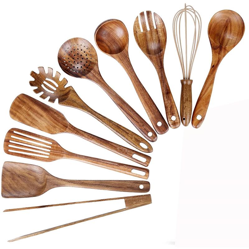 LMETJMA 10 Pack Natural Teak Wooden Kitchen Utensil Set Wooden Spoons Spatula Cooking Utensil Set For Cooking Baking JT503 4