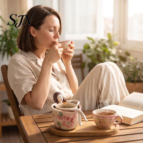 Funny Resin Tea Steeper Bathing Girl Infuser for Loose Leaf Tea, Fine Mesh Strainer, Creative Reusable Strainer Mugs Sitting Figure Filter Cups
