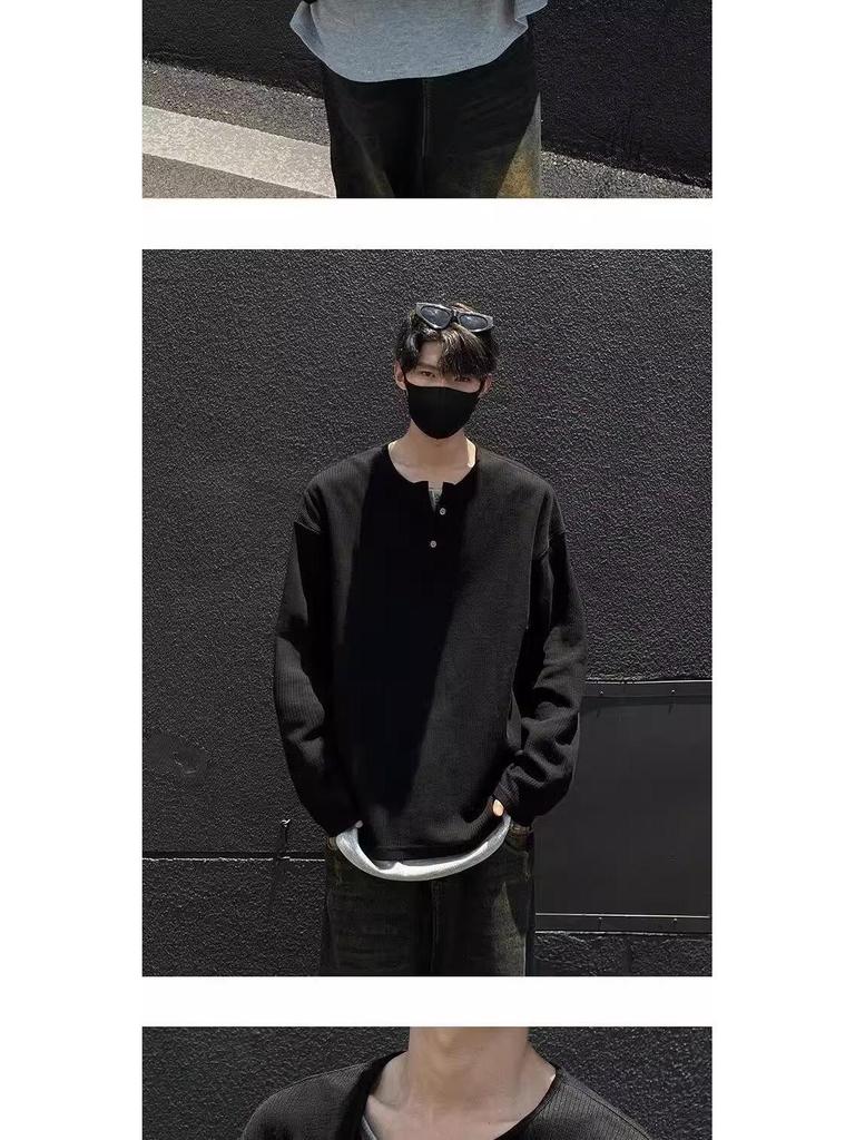Мужская осенняя футболка в корейском стиле облегающего кроя с длинным рукавом и застежкой хенли