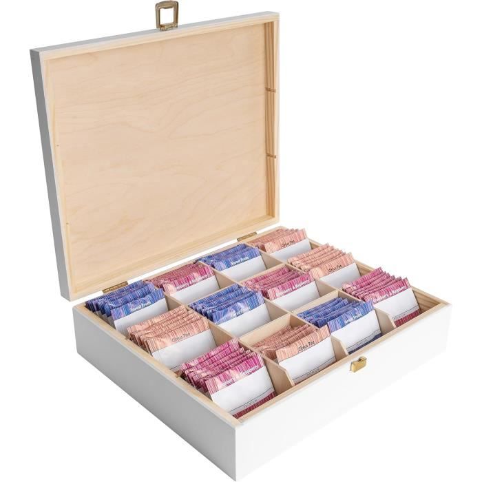 Boîte À Thé En Bois Blanc - CREATIVE DECO - 29 X 25 X 7,5 Cm - 12 Compartiments - Diviseurs Amovibles