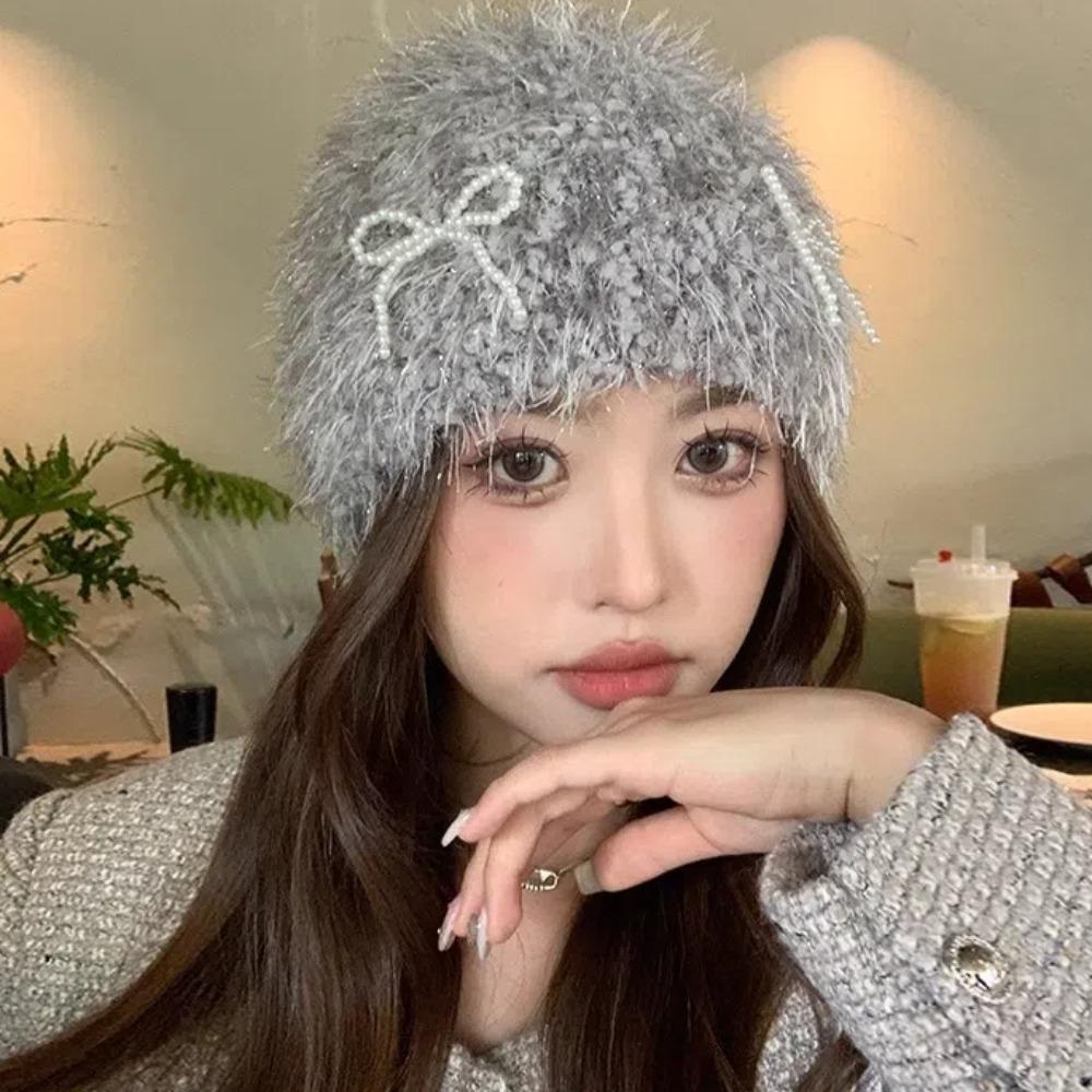 Korean Style Pearls Bow Woolen Hat Colorful Brimless Beanie Cap Knitted Pullover Hat  Women