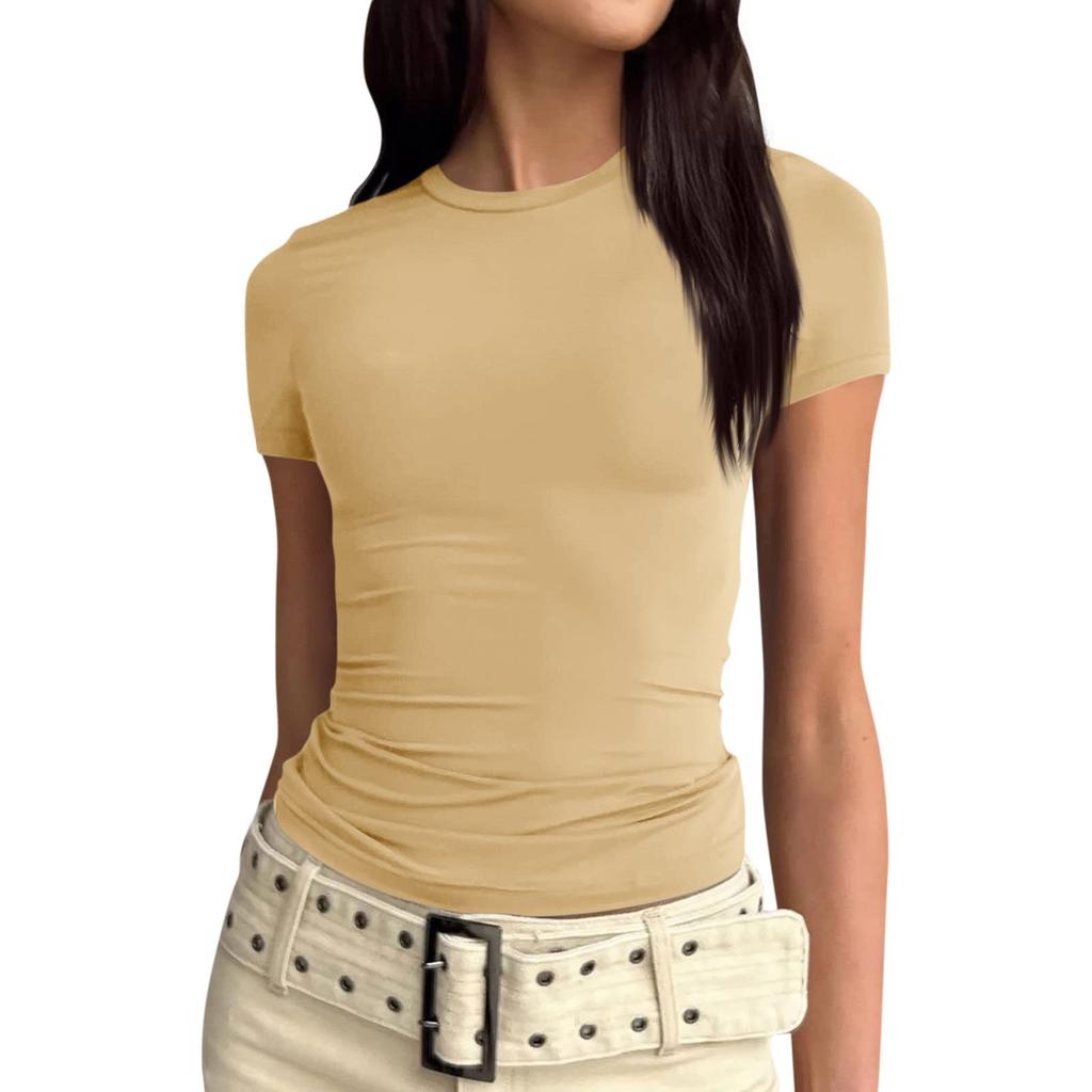 Women Short Sleeve Soild Sexy Cute Tee Slim Fit Tight Crop-Top T Shirt