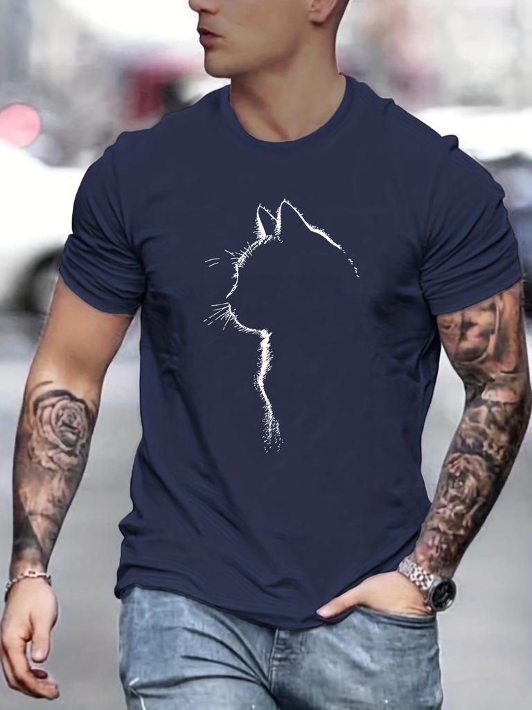 Men's 100% Pure Cotton Summer Loose Oversized Casual Comfortable Cat Pattern Printed Sports Round Neck Short Sleeved T-shirt Top