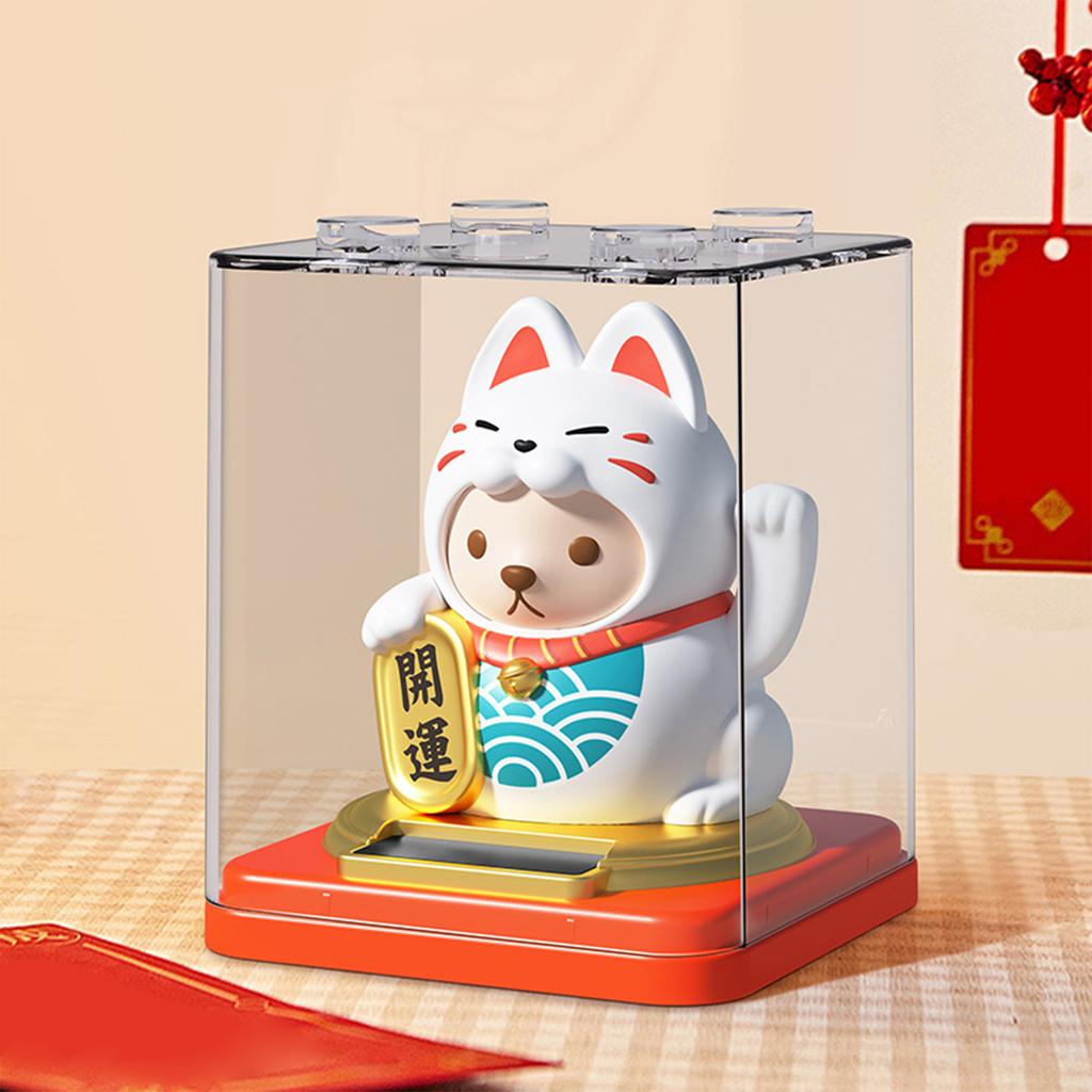 Waving Solar Lucky Cat Figurine Kawaii Fortune Cat with Transparent Box for Car Dashboard & Home Decor