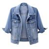 Women's Denim Polo Collar Jacket Half Sleeve Collared Distressed Coat Washed Cropped Denim Jacket Spring Autumn