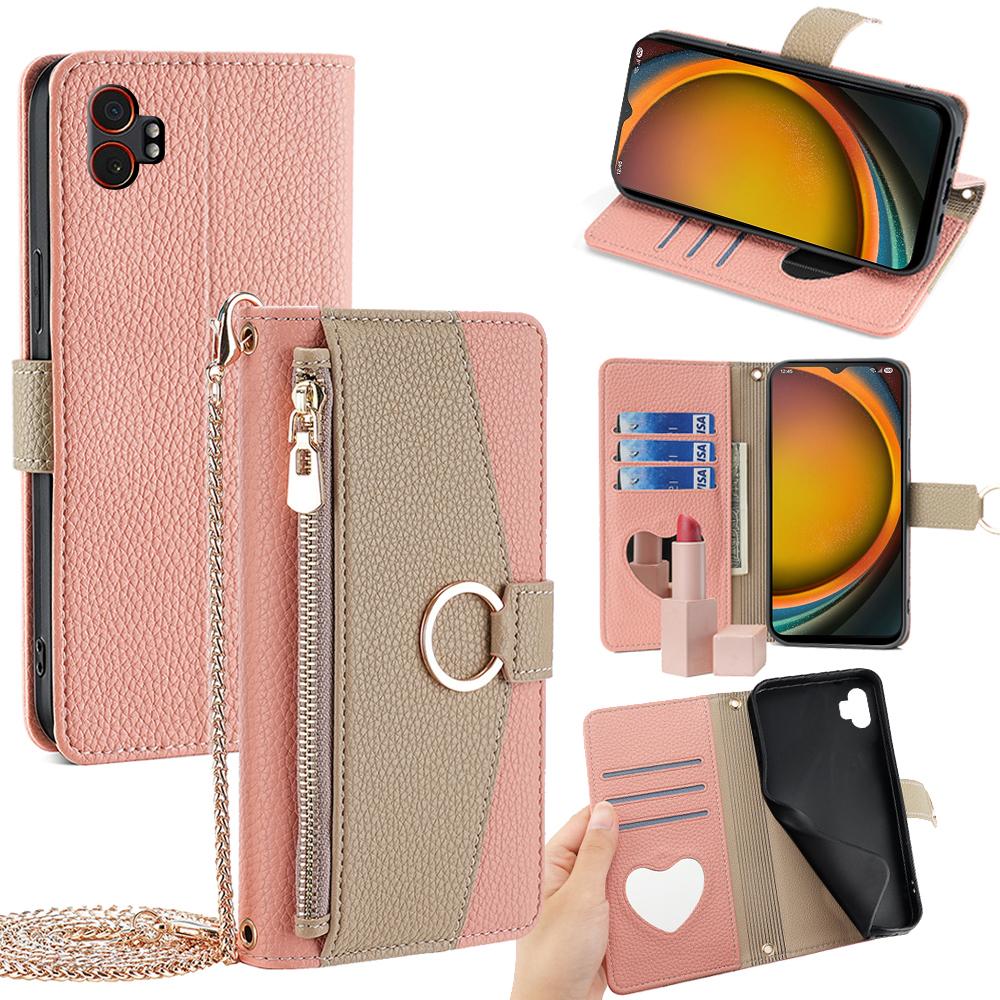 For Samsung Galaxy XCover7 Pro Case Mirror Wallet Leather Phone Cover with Chain Shoulder Strap