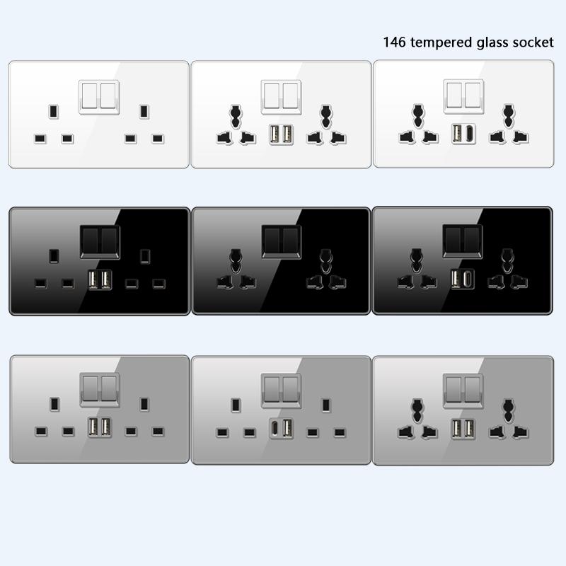 UK 13A Wall Socket with Type-C 18W Fast Charging Plug Socket,Glass Panel Power Double Universal Outlet with Quick USB C Charge