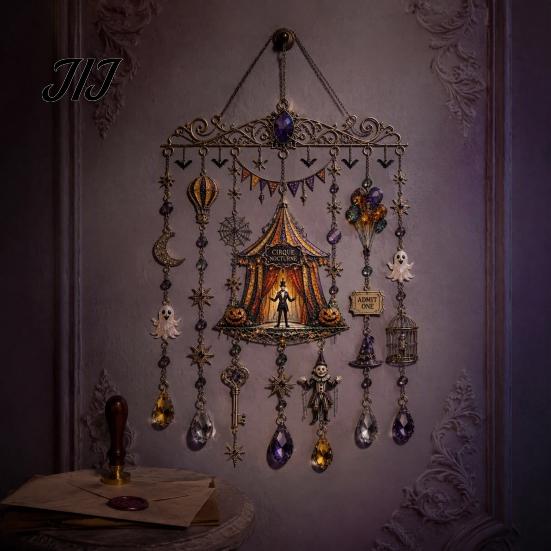 Ghostly Party Background Halloween Wind Chimes, Acrylic Spooky Sun Catcher for Window Garden Yard, Gothic Chimes Hanging Pendants with Crystal