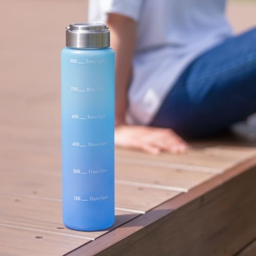 Atlas Water Bottle, 1000ml (1 Liter), Direct Drinking, with Measuring Tape, Time Marker, Handle, Lightweight, Easy To Clean, Wide Mouth, Large Capacit