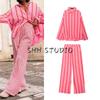 Summer New Product Women's Clothes Fashion Style Polo Collar Long Sleeves Cotton Shirt + Stripes Loose Casual Wide-Leg Trousers