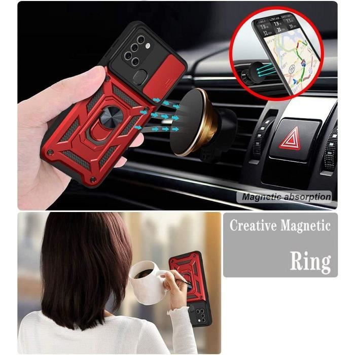 Coque de Protection - PROSHOP - pour Samsung A21S - Rouge - 2 Verre Trempé - Anneau Antichoc