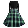 Ladies Vintage Dress V Neck Flower Edge A-line Bow Decor Big Swing Plaid Print Midi Dress Contrast Color Long Sleeve Gothic Christmas Party