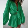 2Pcs/Set Lantern Long Sleeve Pockets Single Breasted Women Outfit Lapel Shirt Ruffle Wide Leg Shorts Set