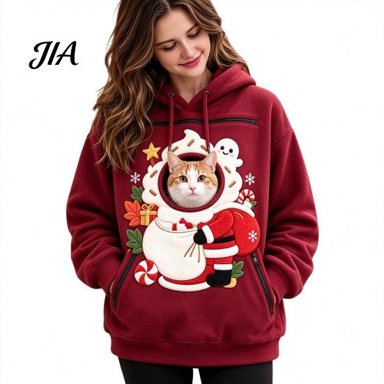 Soft Pet Travel Clothing Unisex Pouch Christmas Hoodie, Cute Dog Cat Carrier Hooded Sweatshirt with Print Graphic, Cozy Fleece Lined Animal